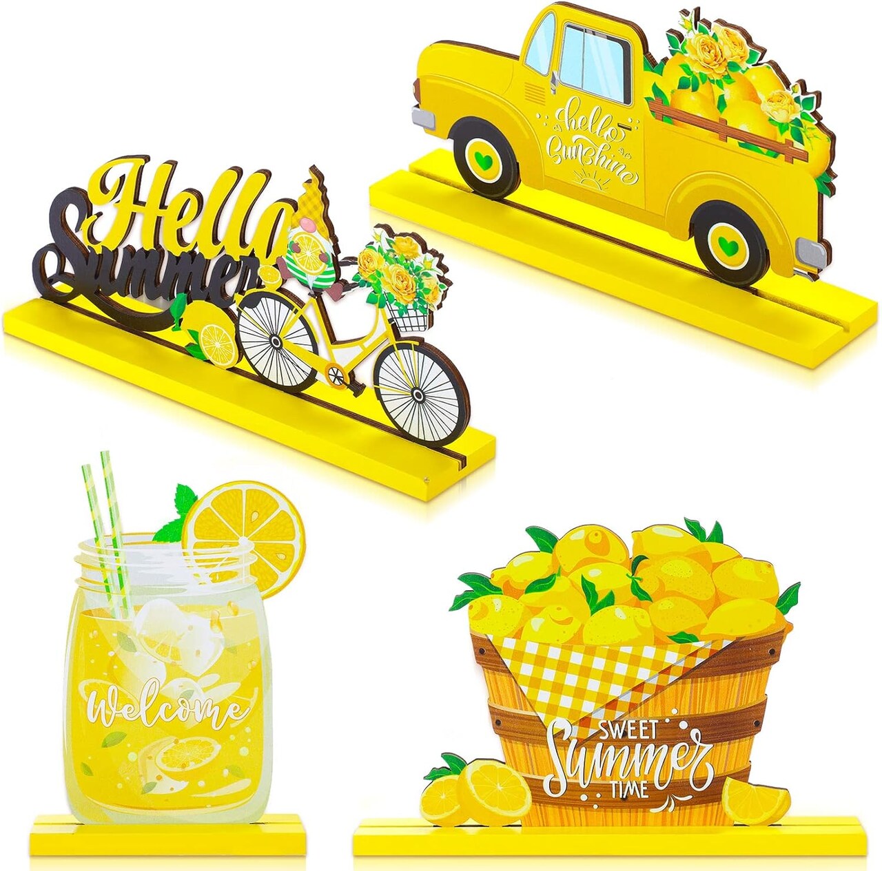 4-Piece Summer Lemon Table Centerpiece – Wooden Farmhouse Sign Décor for Parties, Dining Tables, and Home (Lemon)